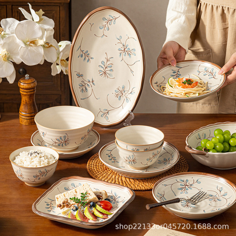 Retro Brown-Edged Orchid Flower Underglaze Ceramic Bowl and Plate Set, Qixi Festival Gift Tableware Set Retro Brown-Edged Orchid Flower Underglaze Ceramic Bowl and Plate Set, Qixi Festival Gift Tableware Set