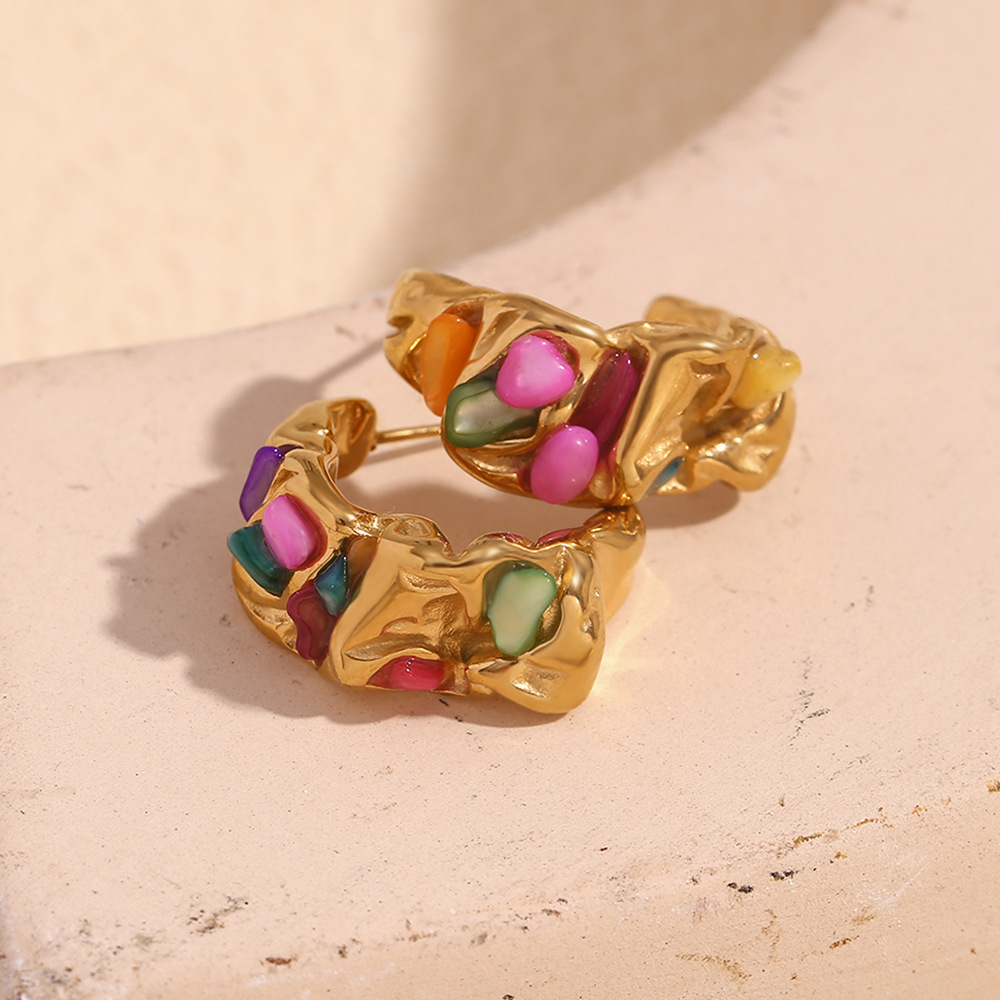 Stainless Steel Pleated Clay Stone Colored Earrings