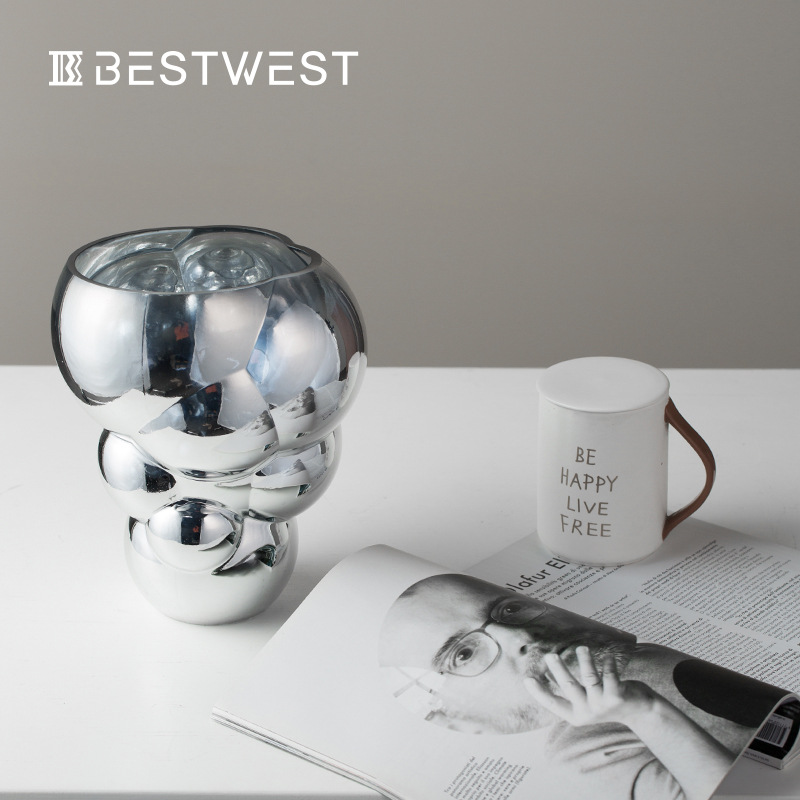 Best west electroplated silver imitation soap bubble glass vase ornaments ins home light luxury decorations flower