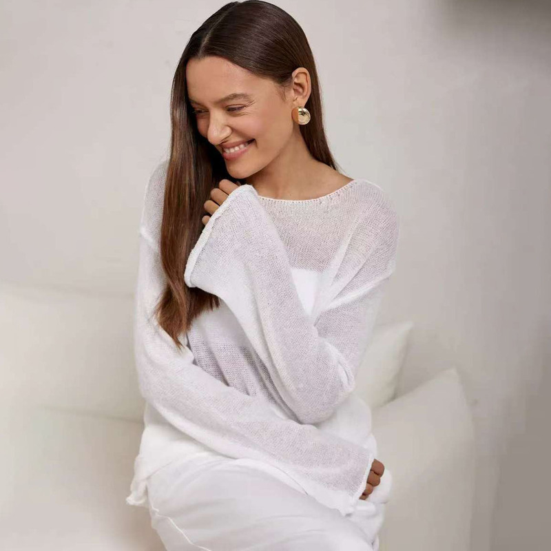 Cross-border Europe and the United States thin large round neck horn sleeve knitted T-shirt 2025 spring and summer new women's perspective hollow knit sweater