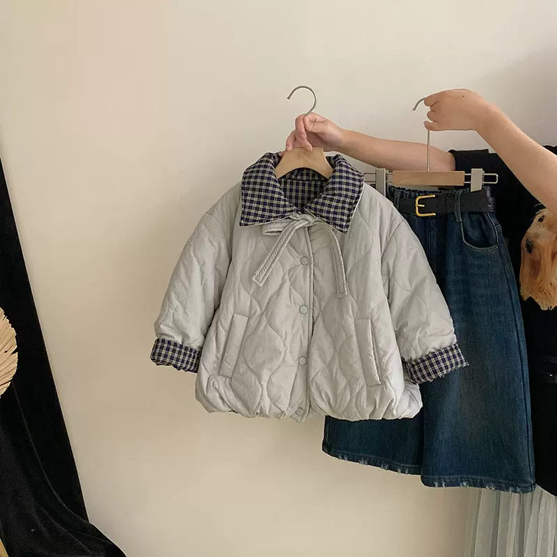 女童棉服2025新款儿童洋气两面穿夹棉冬装外套加绒牛仔裤两件套潮