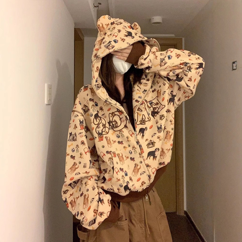 Sweet and Cool Cute Dog Print Hooded Sweatshirt for Women Spring & Fall 2025 New Small Short Casual Cardigan Jacket Sweet and Cool Cute Dog Print Hooded Sweatshirt for Women Spring & Fall 2025 New Small Short Casual Cardigan Jacket