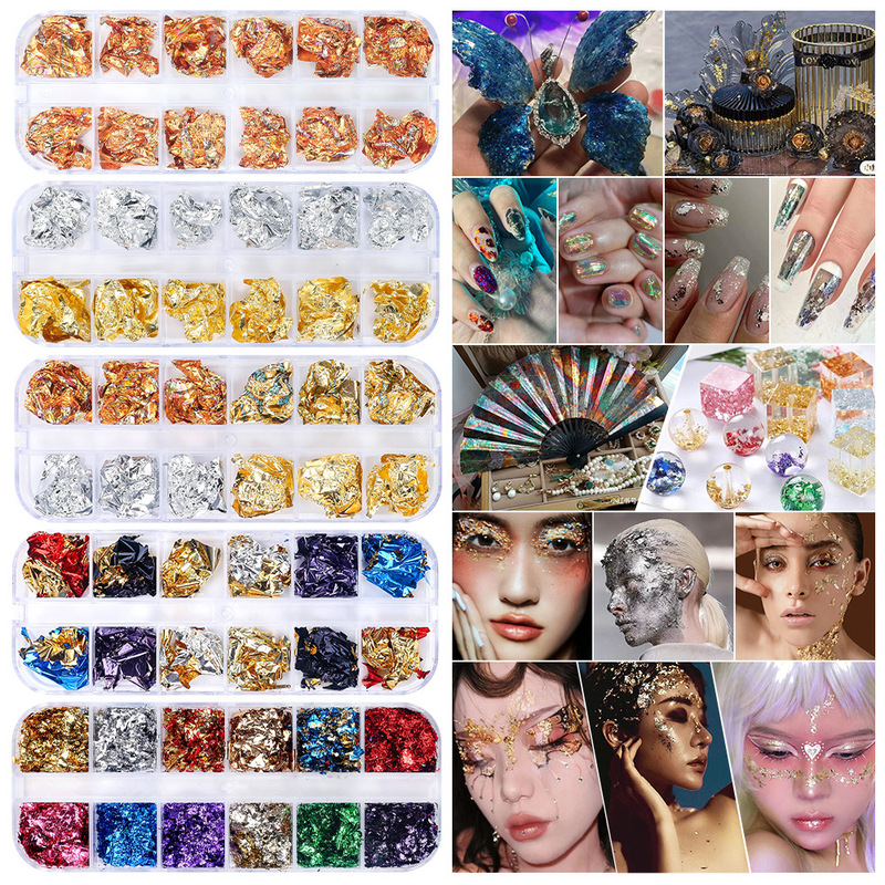 12 grid nail foil paper Japanese nail highlight gold and silver foil fragments boxed DIY decorative tin foil nail stickers 12 grid nail foil paper Japanese nail highlight gold and silver foil fragments boxed DIY decorative tin foil nail stickers