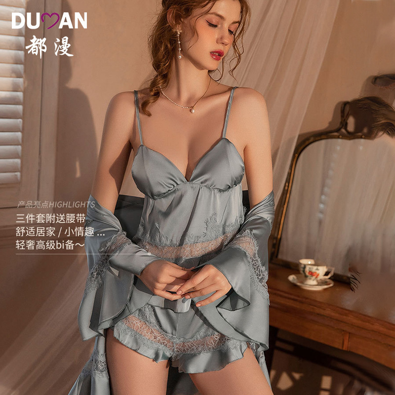 Temptation Satin Sling Pajamas suit Summer New Lace Lace Perspective Silk Sexy Pajamas Pajamas