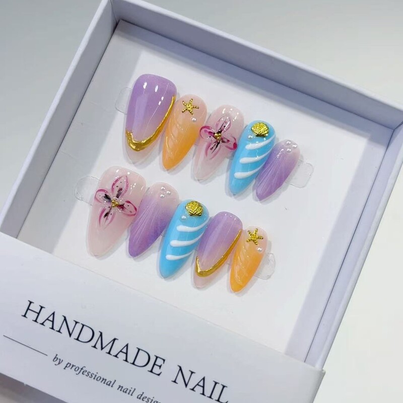 Gradient Color Manual Nail Embossed Nail Almond Type 1 Fake Nail Sticker Acrylic Packaging