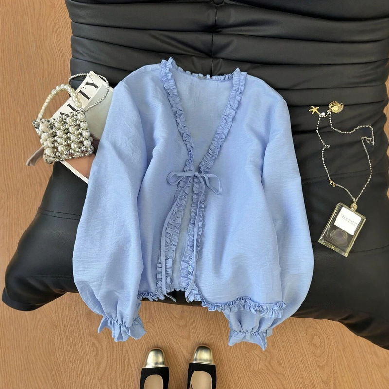 Cross-border women's solid color V-neck design cardigan with lace trim, bow tie, and loose fit Cross-border women's solid color V-neck design cardigan with lace trim, bow tie, and loose fit