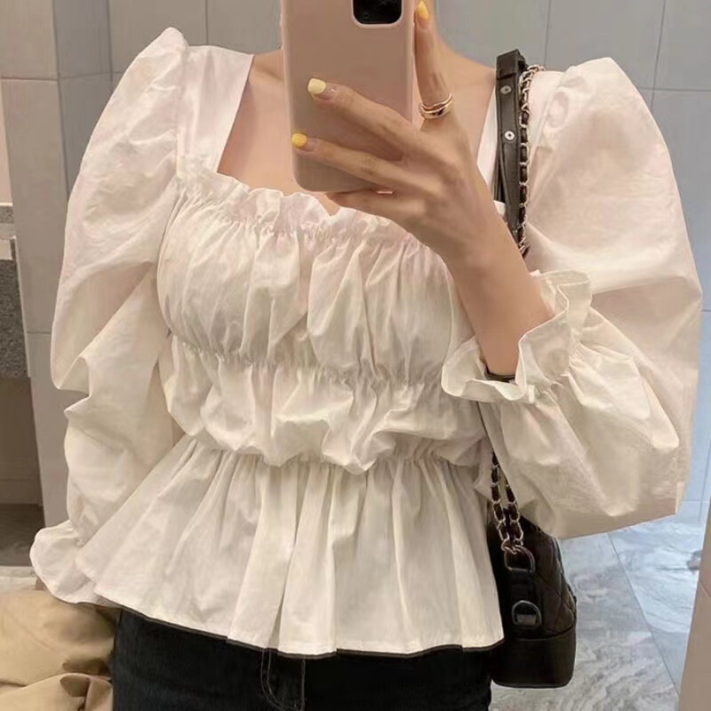 Korean Chic Spring and Summer New Elegant Square Collar Fungus Lace Top Strapless Bubble Sleeve Shirt Short Shirt for Women