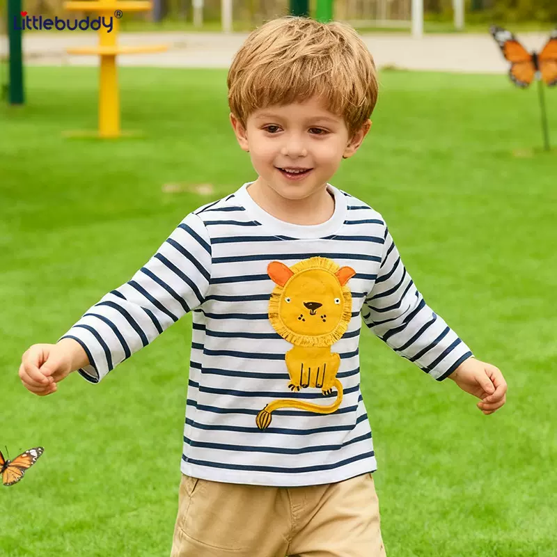 跨境littbuddy秋冬季条纹 儿童长袖童T恤新款卡通套头衫条纹圆领