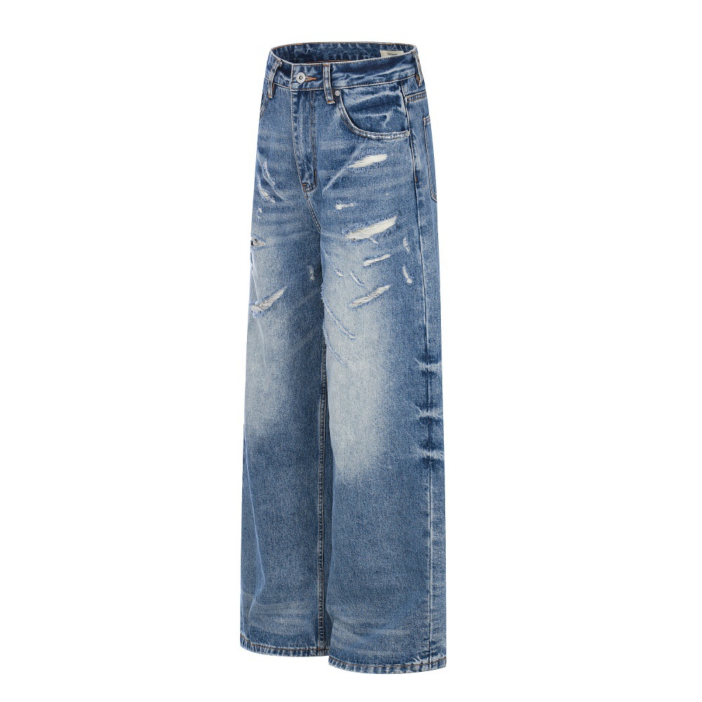 Men's High Street Trendy Ripped Washed Distressed Jeans Loose Fitting Casual Straight Leg Versatile Wide Leg Pants_mkmklike.com