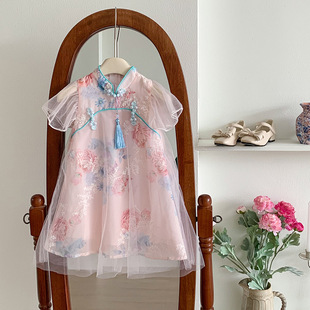 Girls' Cheongsam Summer New Children's Chinese Style Improved Han Dynasty Flying Sleeve Mesh Dress Thin Foreign Trade Wholesale