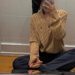25秋冬新款RL拉夫小马标复古半拉链绞花毛衣女男宽松慵懒风针织上
