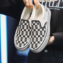 2025秋季新款韩版女棋盘格帆布鞋一脚蹬懒人男鞋子瑞安硫化滑板鞋