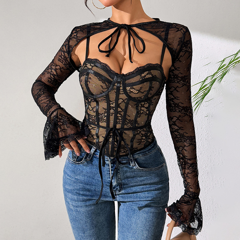 Sexy Lace Mesh Two Piece Hot Girl Camisole Vest Design See Through Backless Long Sleeved Shawl_voghion.com
