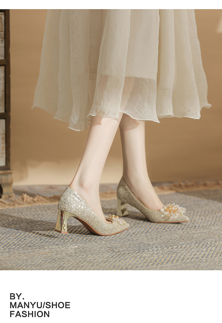 Giày cưới đính sequin mũi nhọn gót vuông cao 6 cm — Màu Sâm panh chi tiết 11