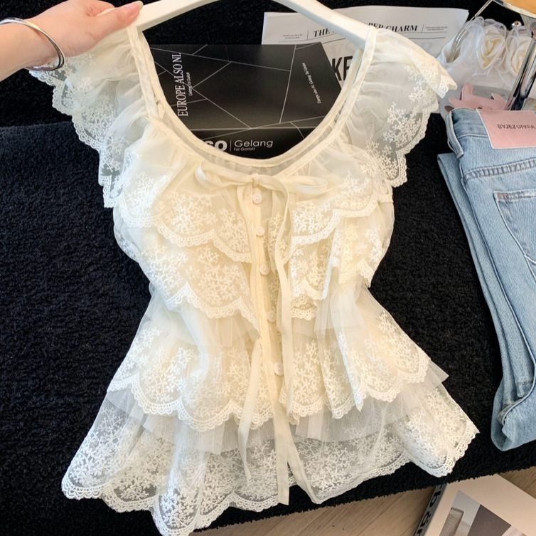 Minimalist Style Multi-Layered Ruffled Lace-Up Bow Lace Blouse, Pure Desire Goddess Style Crochet Hollow-Out Top for Petite Figures