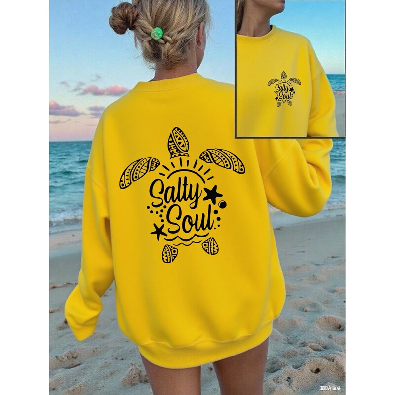 【Cross-Border European Size】Salty Soul Turtle Print Sweatshirt Women's Round Neck Basic Hoodie Loose Wool Warm
