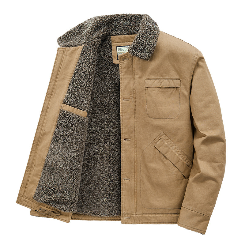 Winter Casual Men's fleece-lined Thickened Jacket Lapel Military Uniform Middle-aged Cotton-padded Coat Loose Lamb Fleece Cotton-padded Coat