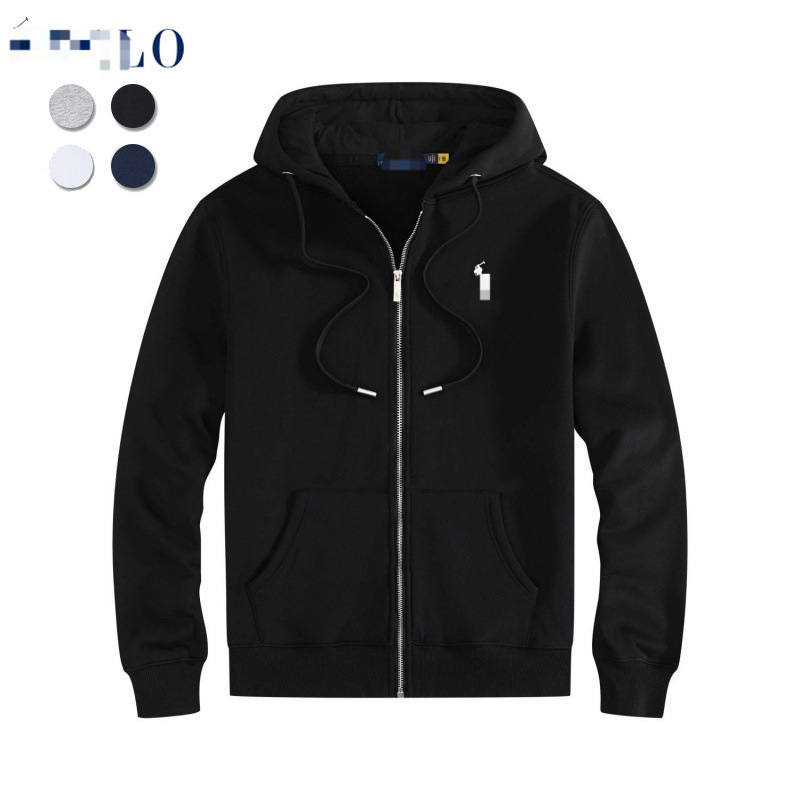 Spring and Autumn Cardigan Sweatshirt Men's Cross-Border Hooded Zipper Sweatshirt Solid Color Embroidered Pony Logo Plus Velvet Jacket Spring and Autumn Cardigan Sweatshirt Men's Cross-Border Hooded Zipper Sweatshirt Solid Color Embroidered Pony Logo Plus Velvet Jacket