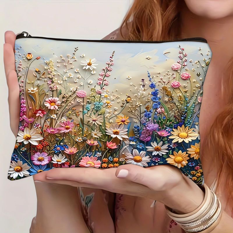 アマゾン越境販売 ポリエステル麻混紡 2Dデジタルプリント 刺繍風花柄キャンバス化粧ポーチ 花柄装飾|undefined