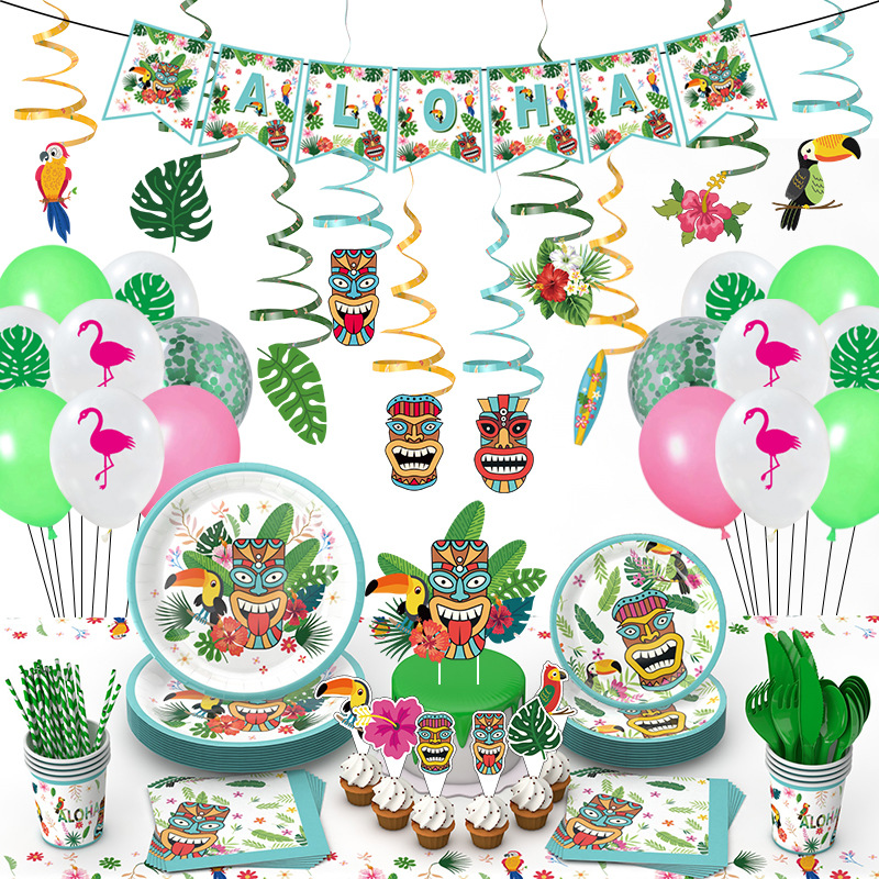 Exclusivo transfronterizo para hawaii jungle party tema salvaje plato de papel desechable taza de papel vajilla traje de suministros decorativos