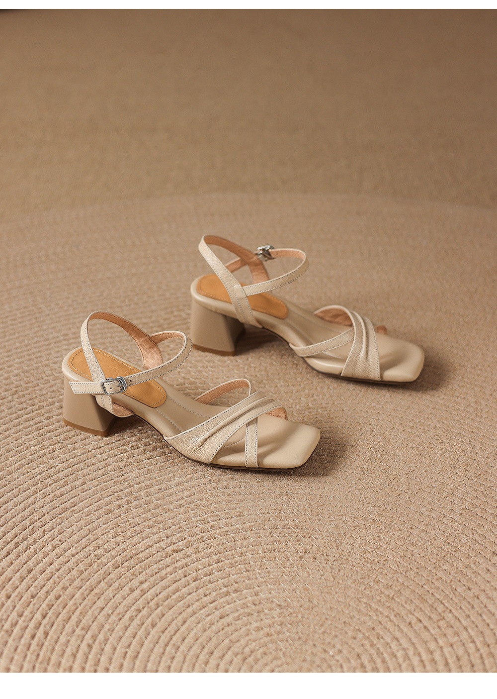 Sandal nữ hở mũi đầu vuông da dê gót thô 5 cm size lớn 40–43 — màu be chi tiết 21