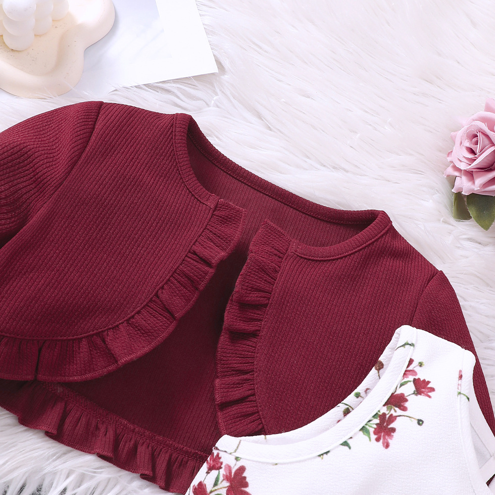 Vêtements pour enfants EW Nouveau produit pour filles Printemps et automne Robe imprimée Ensemble cardigan tricoté TZ828-C_voghion.com