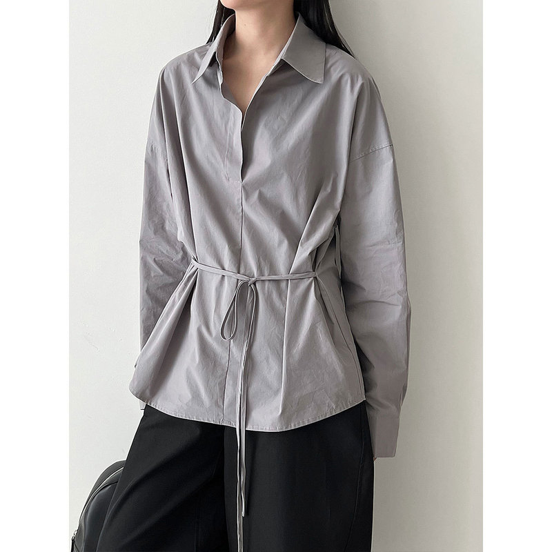 Luxi Korean-Style Polo Collar Casual Shirt for Women, New Autumn 2026 Model, Tie-Waist Slimming Retro Blouse 3720 Luxi Korean-Style Polo Collar Casual Shirt for Women, New Autumn 2026 Model, Tie-Waist Slimming Retro Blouse 3720