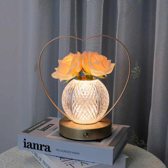 Cross-border new heart-shaped rose night light portable lamp led simulation flowerpot atmosphere decorative table lamp desktop decoration