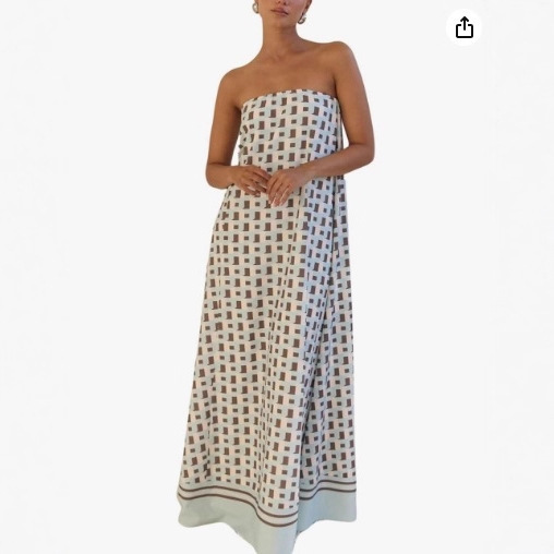 Women's Bohemian Floral Striped Backless Dress Off-Shoulder Ruched Swing Strapless Long Dress