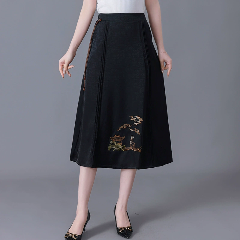 Лето 2024 года среднего и пожилого возраста носят шелк-как ретро вышитая элегантная юбка средней длины юбка в западном стиле Новинка