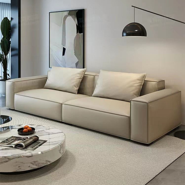 Foshan Italian Minimalist Tofu Block Leather Sofa Living Room Simple Light Luxury Small Apartment Straight Row Internet Celebrity Black Sofa