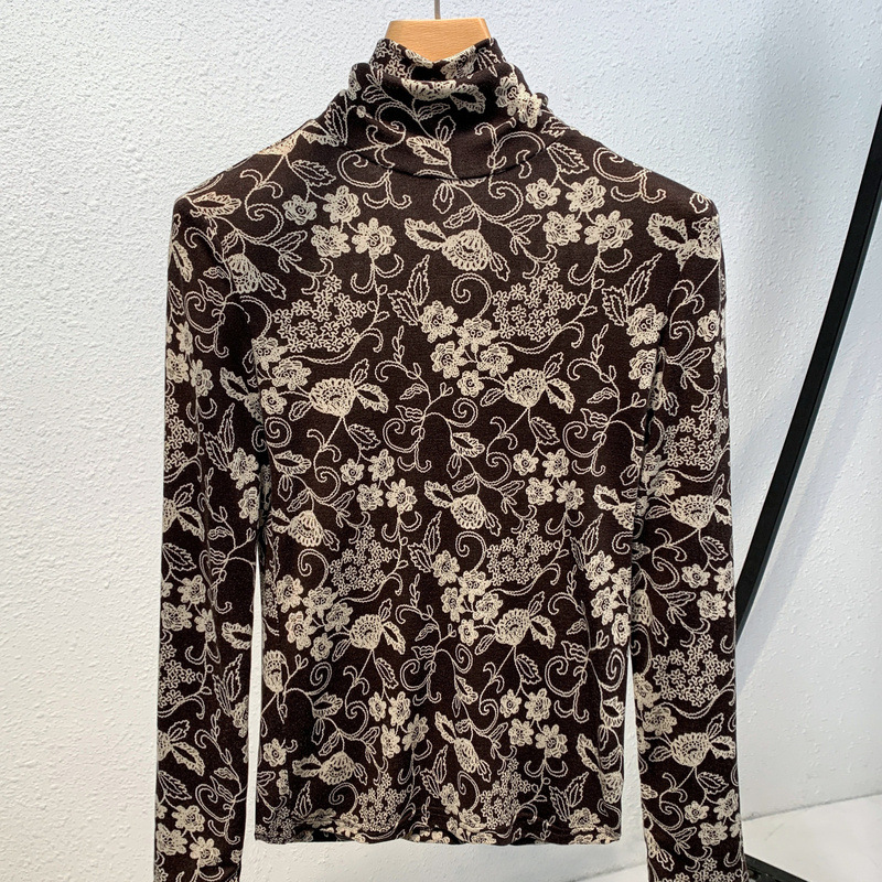 Camisa de fondo de cuello alto para mujer 2023 nuevas mujeres europeas vintage impreso estilo occidental pequeña camisa elástica Cintura interior apretada superior