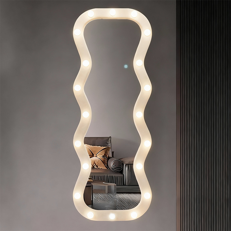 Hollywood Led Lighted Dressing Mirror for Home Use, Ins-Style Full-Length Mirror with Frame, Bedroom Floor-Standing Fitting Mirror, Wall-Mounted Velvet Mirror