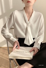 法式雪纺设计职业白色衬衫长袖飘带新款气质女士衬衣通勤洋气上衣