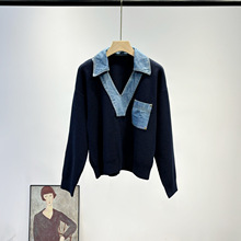 南油高端女装秋冬新款法式潮流毛衣女长袖上衣牛仔拼接V领针织衫