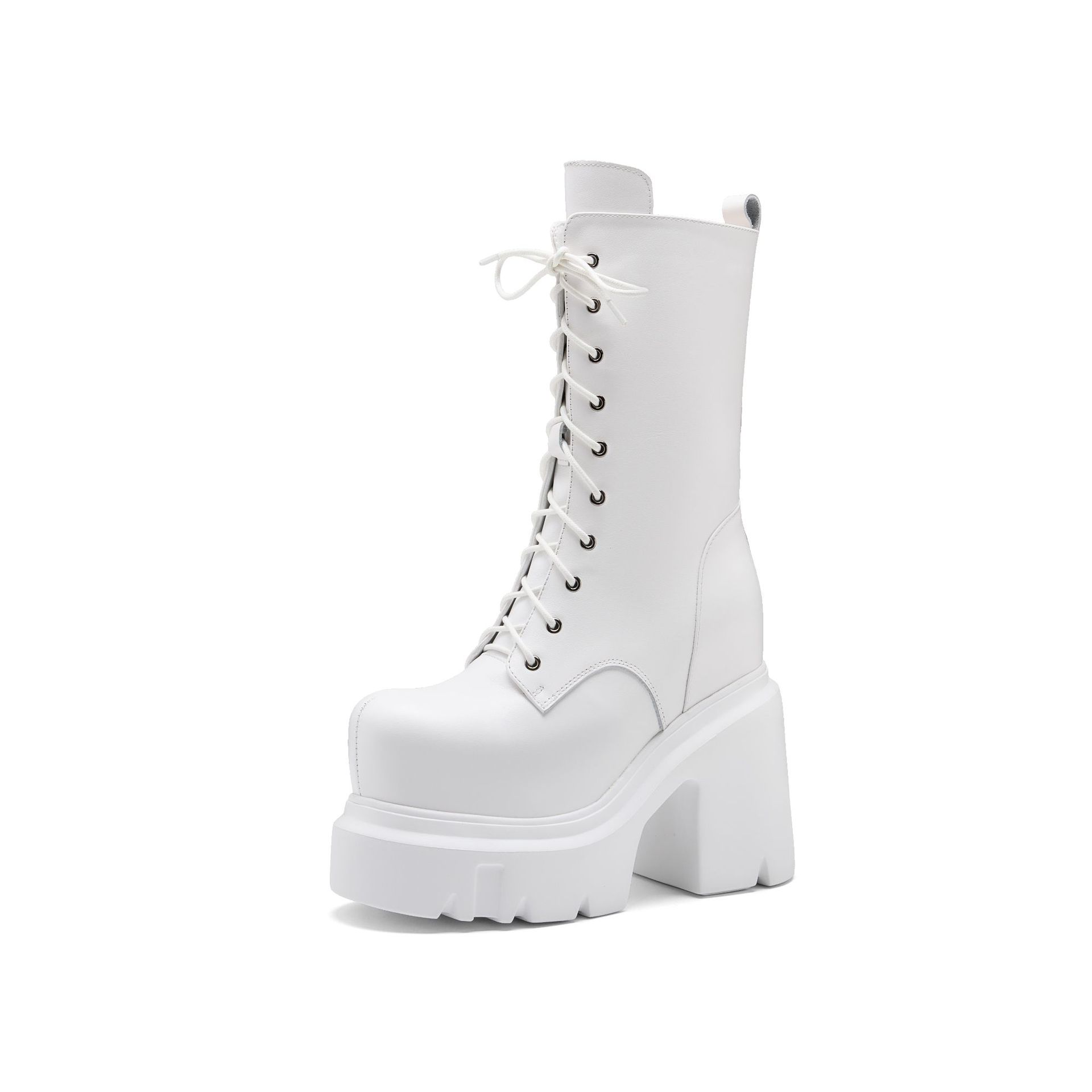 Boot nữ da mềm mũi tròn gót thô đế dày dây buộc cao 14 cm — Đen nhung