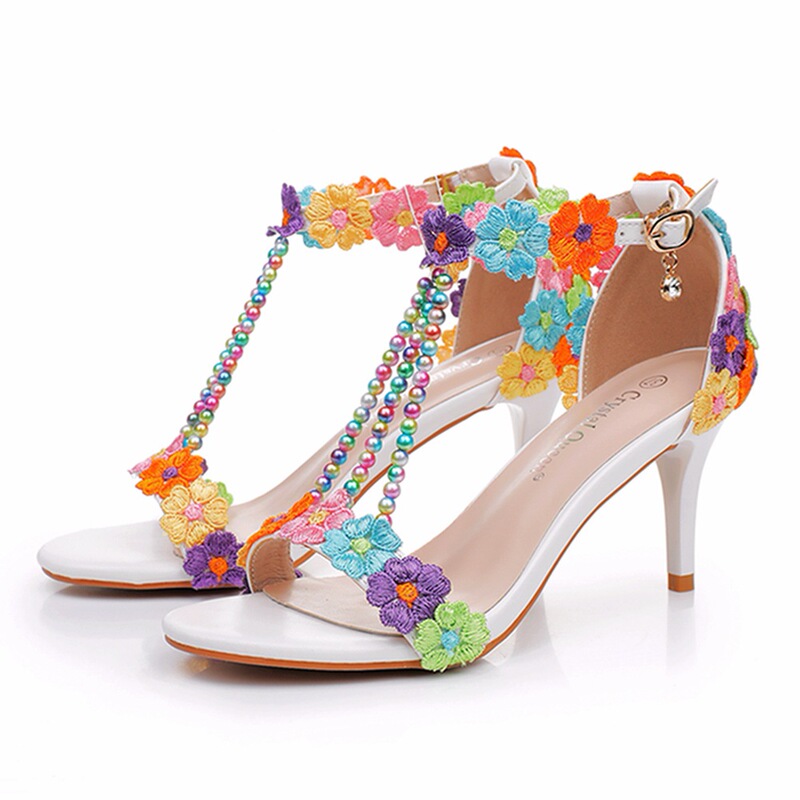 7cm Shallow Mouth Sandals with Thin Heel Beaded Sandals White Lace Flower Wedding Shoes Ethnic Style High Heel Sandals