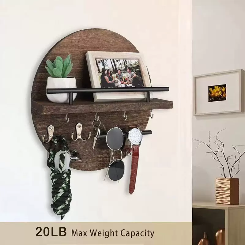 壁挂墙上复古木质置物架圆形搁板收纳架实木入户装饰架玄关钥匙架