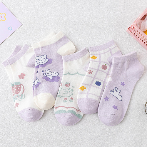  New Women's Spring and Summer Thin Cotton Ship Socks, Fresh Purple Breathable Low Top Short Socks, Japanese and Korean Women's Socks