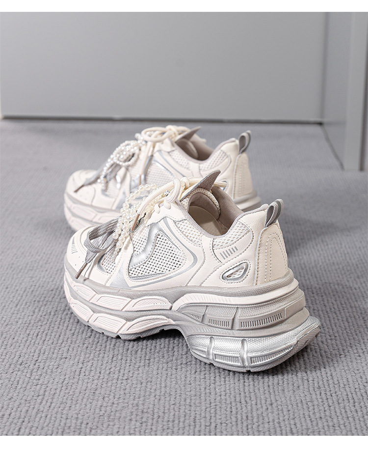 Giày sneaker nữ chunky đế dày 7,8cm mặt lưới thoáng khí dây ngọc trai — KD29E Màu be chi tiết 22