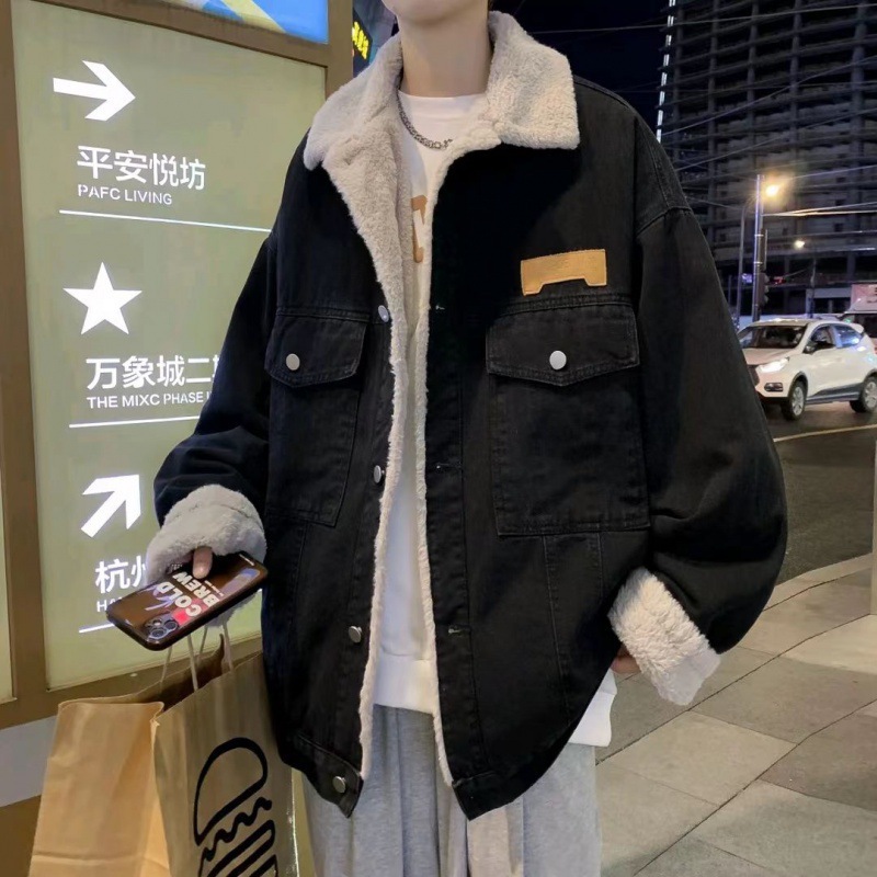 羊羔绒牛仔外套棉服男冬季美式复古加厚翻领棉衣宽松潮牌休闲棉袄
