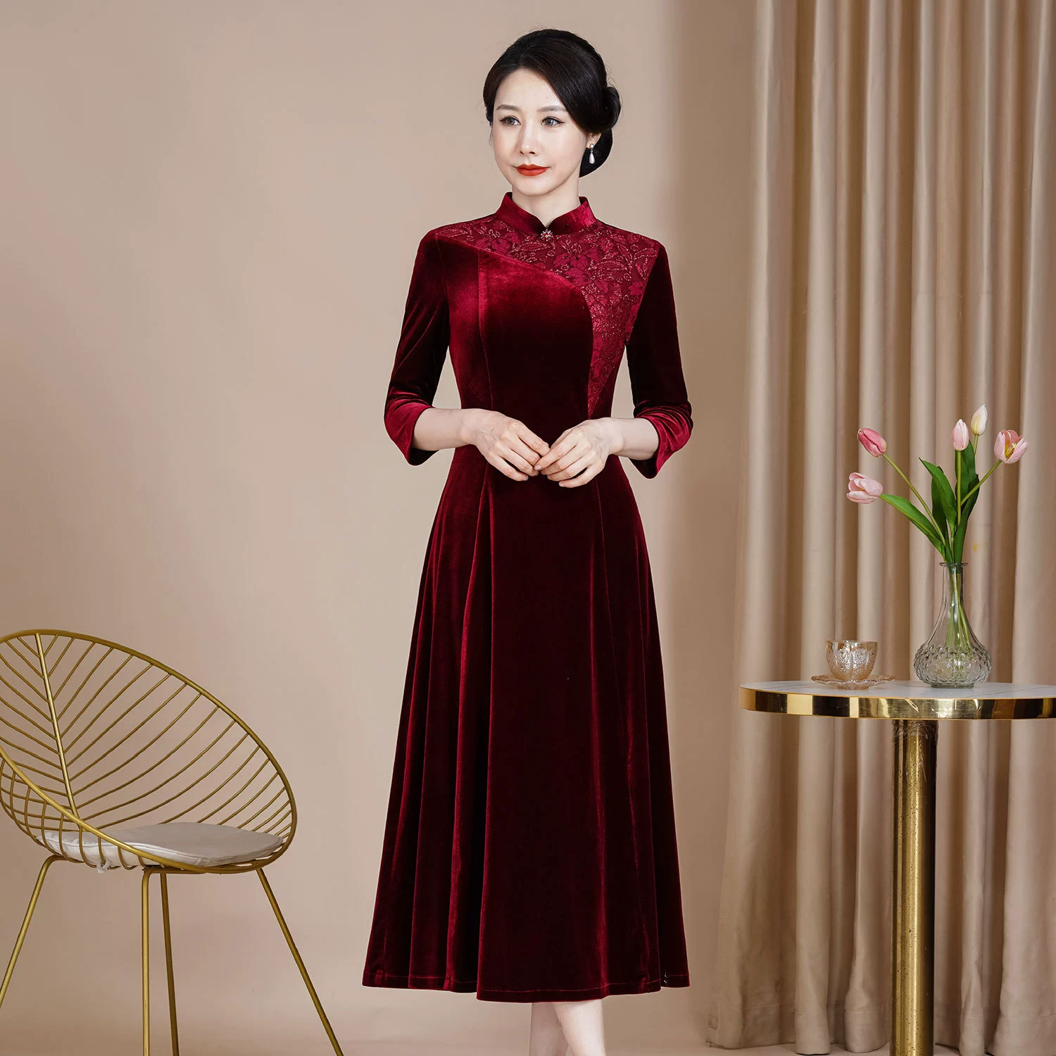 Шэньчжэнь благородное платье среднего и пожилого возраста большой размер бархатное банкетное платье
