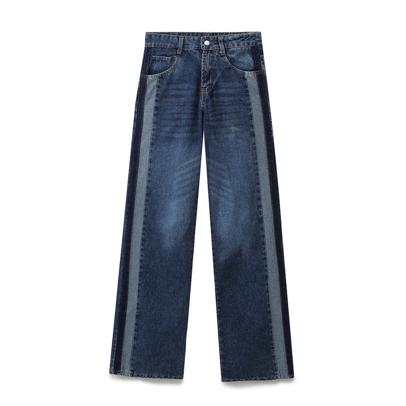 2025 Spring and Autumn Fashion Women's Contrast Color Trim Mid-Waist Wide Leg Denim Trousers