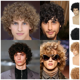 Cross-Border Amazon European and American Wig Men's Short Curly African Small Curly Rose Mesh Chemical Fiber High Temperature Silk Full Headgear
