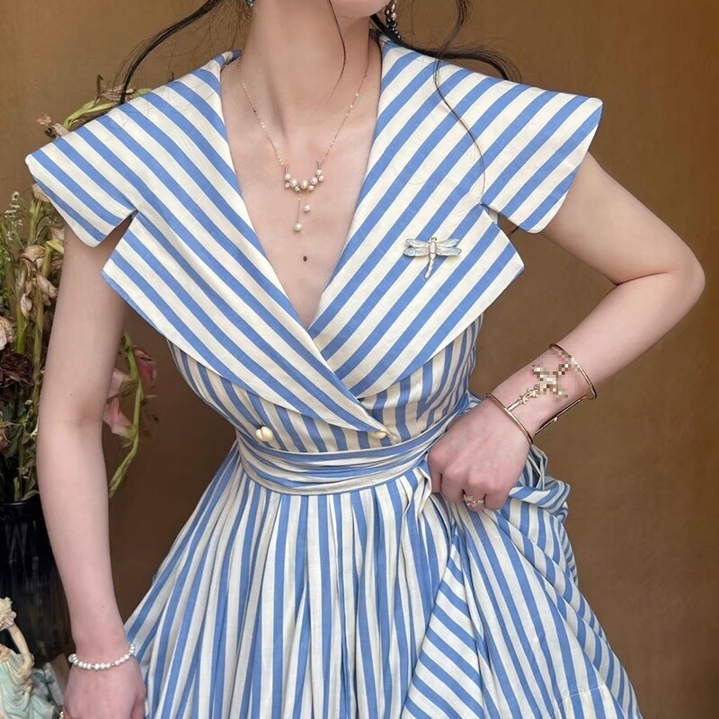 Y8H Sea Breeze Nostalgic Navy Collar Summer Blue Stripesd Pleated Skirt Sweet Princess Dress