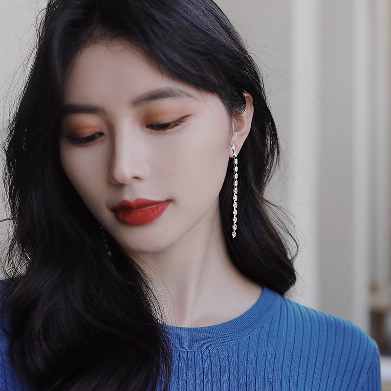 925銀針锆石鏈條長款耳環簡約個性氣質耳飾品時尚網紅森系耳墜女