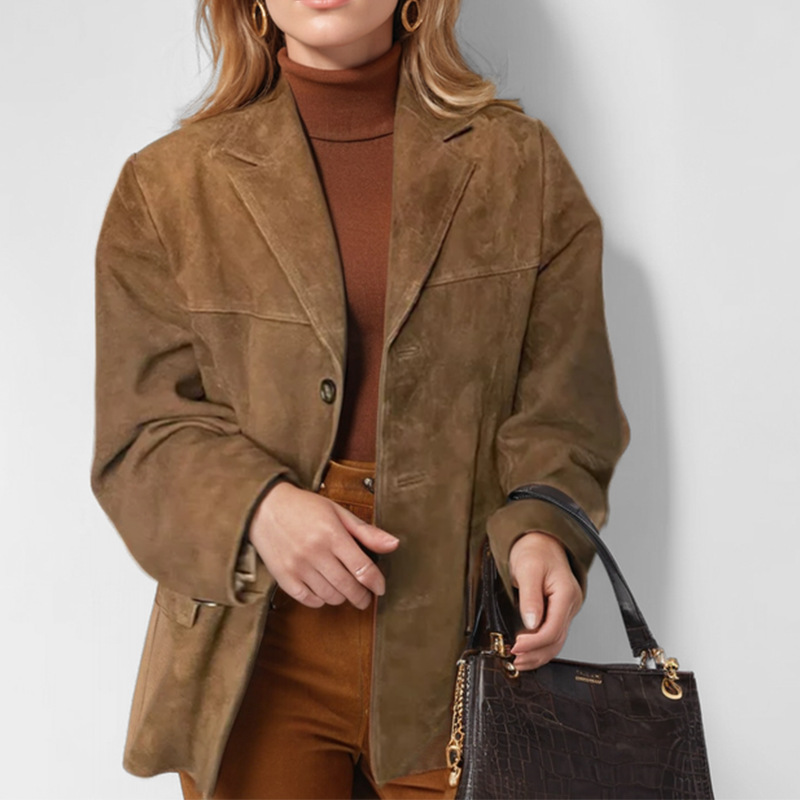 Cross-border 2024 Autumn/Winter New European And American Women's Fashion Elegant Retro Brown Loose Pocket Long Sleeve_ecoleips.com