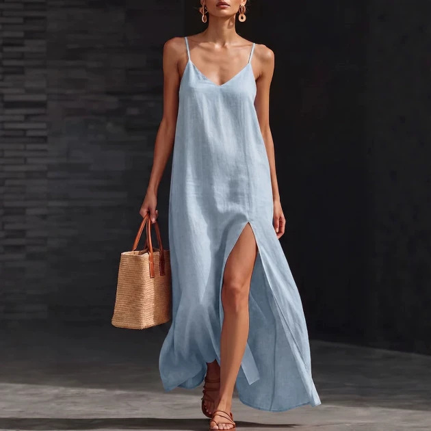 2026 Summer New Cross-Border Solid Color Simple V-Neck Strap Long Dress, Loose Fit, Flattering, Side Slit, Casual and Stylish 2026 Summer New Cross-Border Solid Color Simple V-Neck Strap Long Dress, Loose Fit, Flattering, Side Slit, Casual and Stylish