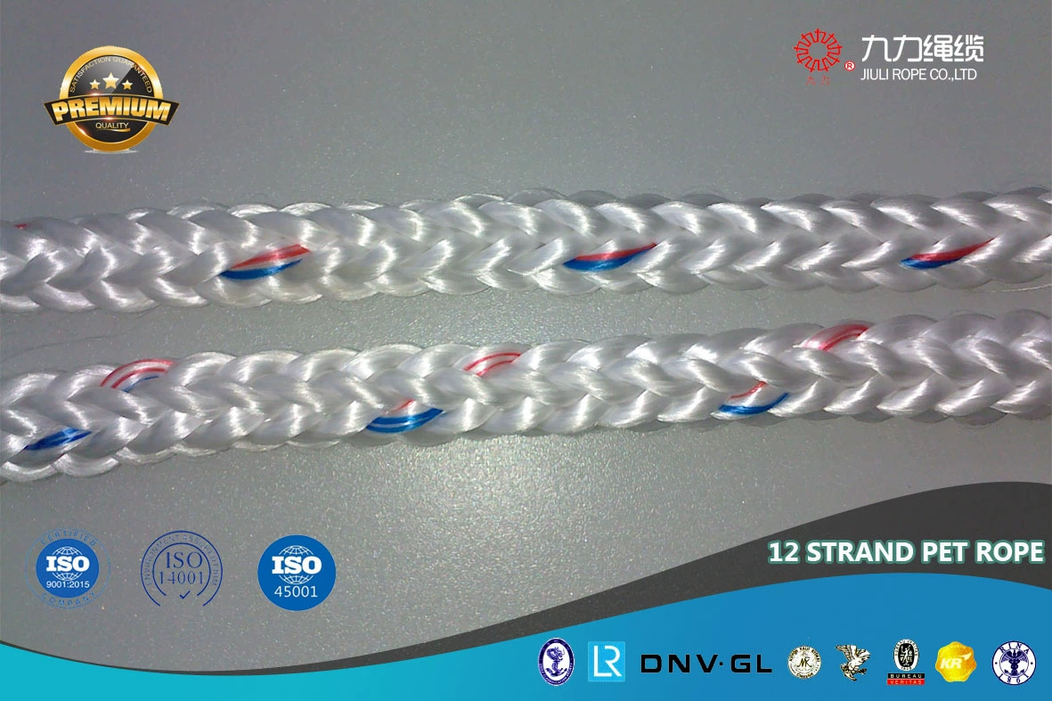 12-жильный полиэфирный канат, веревка из полиэфирного волокна, морская системная веревка, ПЭТ-веревка, плетеная веревка, витая веревка, белая, красная и синяя маркировка