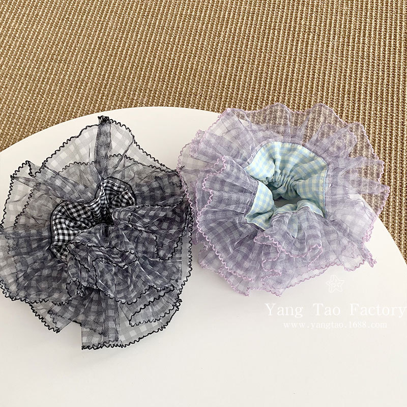 Uva morada ~ Hilo de malla púrpura, lazo para el cabello de intestino grueso, sentido de alto nivel femenino, lazo para el cabello de agarre de cabeza de bola de gran tamaño